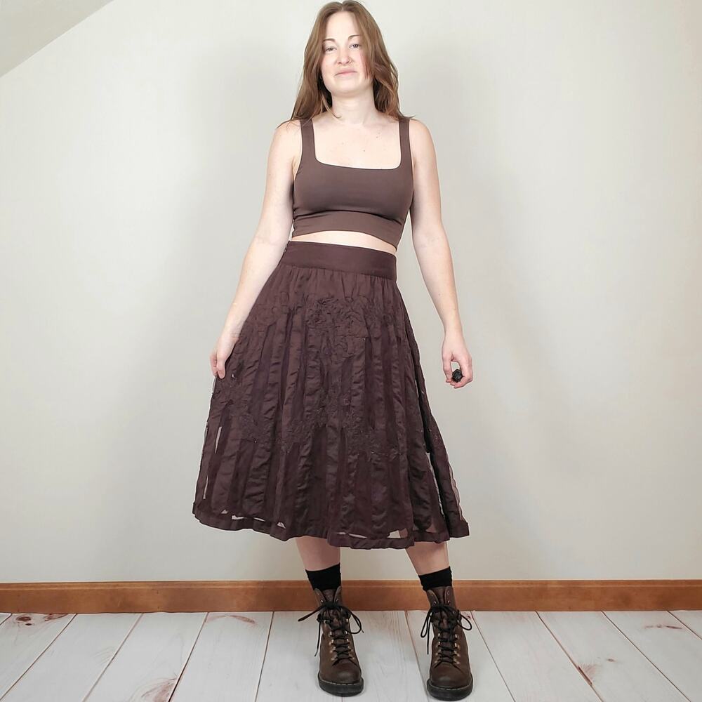 Anthropologie Ipsa Embroidered Tulle Midi Skirt Chocolate Brown 2 - Picture 1 of 11